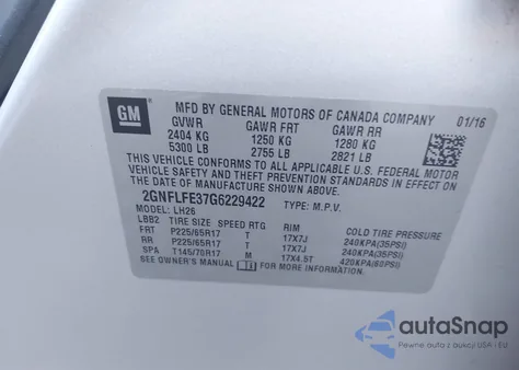 2016 Chevrolet Equinox Lt z USA, uszkodzony, nr VIN 2GNFLFE37G6229422